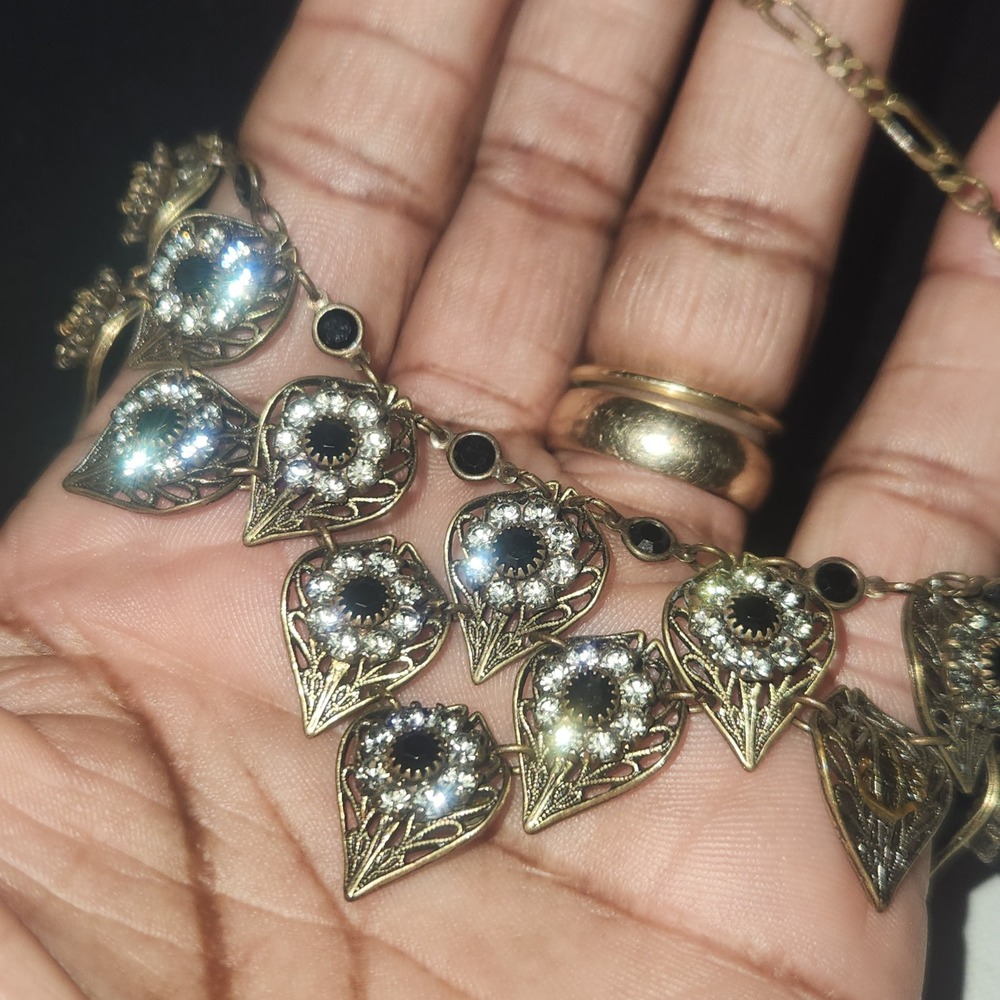 Vintage Style Antique Gold Tone Filigree Bib Necklace Black Rhinestone Statement